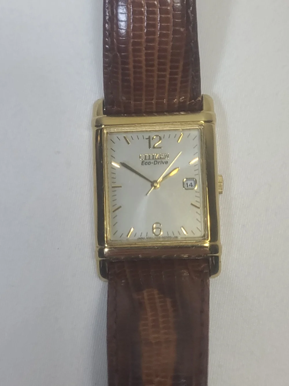 Citizen Gold-Tone Rectangular Watch with Brown Leather Strap